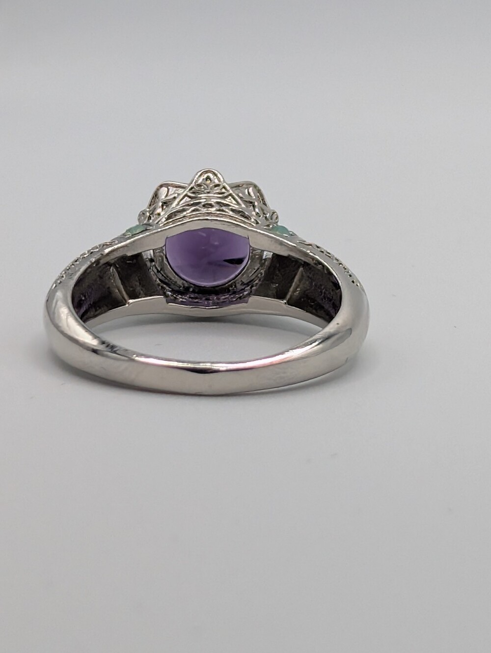 Art Deco Vintage Inspired Purple Faux Opal Statement Ring Silver Tone Filigree - Picture 11 of 13
